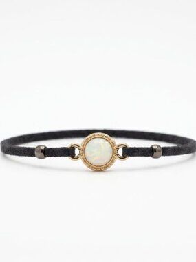 Round Opal Charm Black Microfiber Cord Bracelet Gold Accent #276